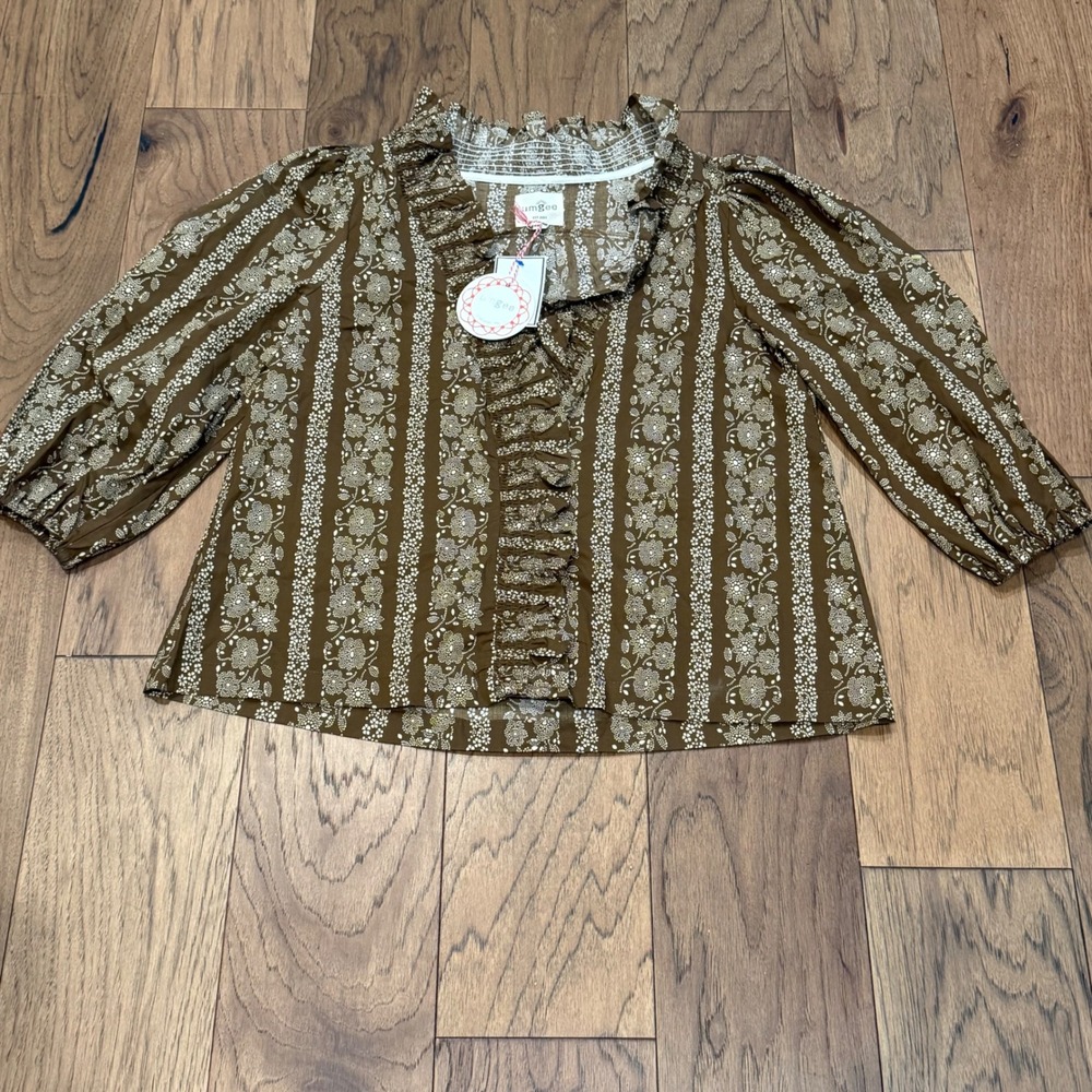 Umgee Always Around Floral Print Top Brown Ruffle Mock Neck Blouse Large NEW